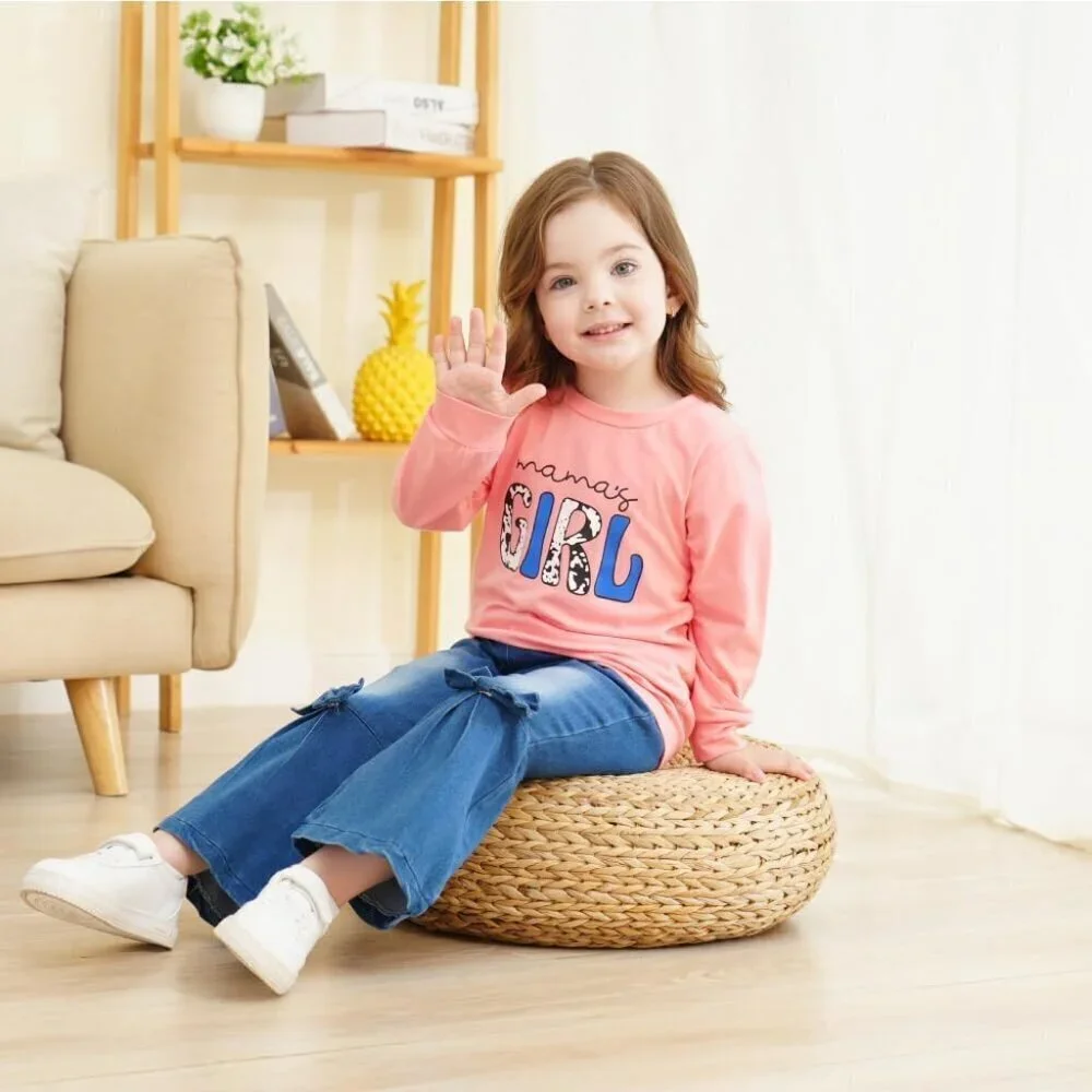 Toddler Girl Clothes Long Sleeve Cartoon & Letter Graphic Top + Fruit Stationery